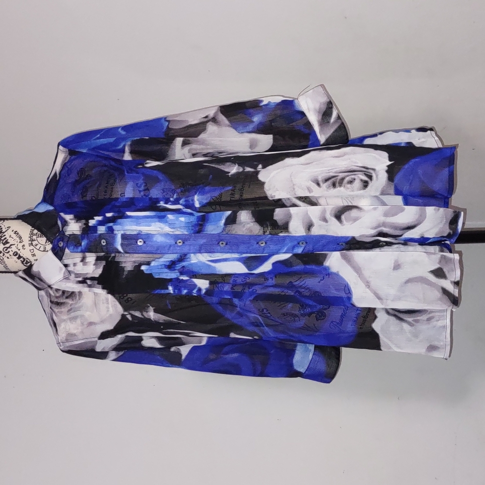 Fever Collared Pleated Roses Print Tops Size L 100% Polyester